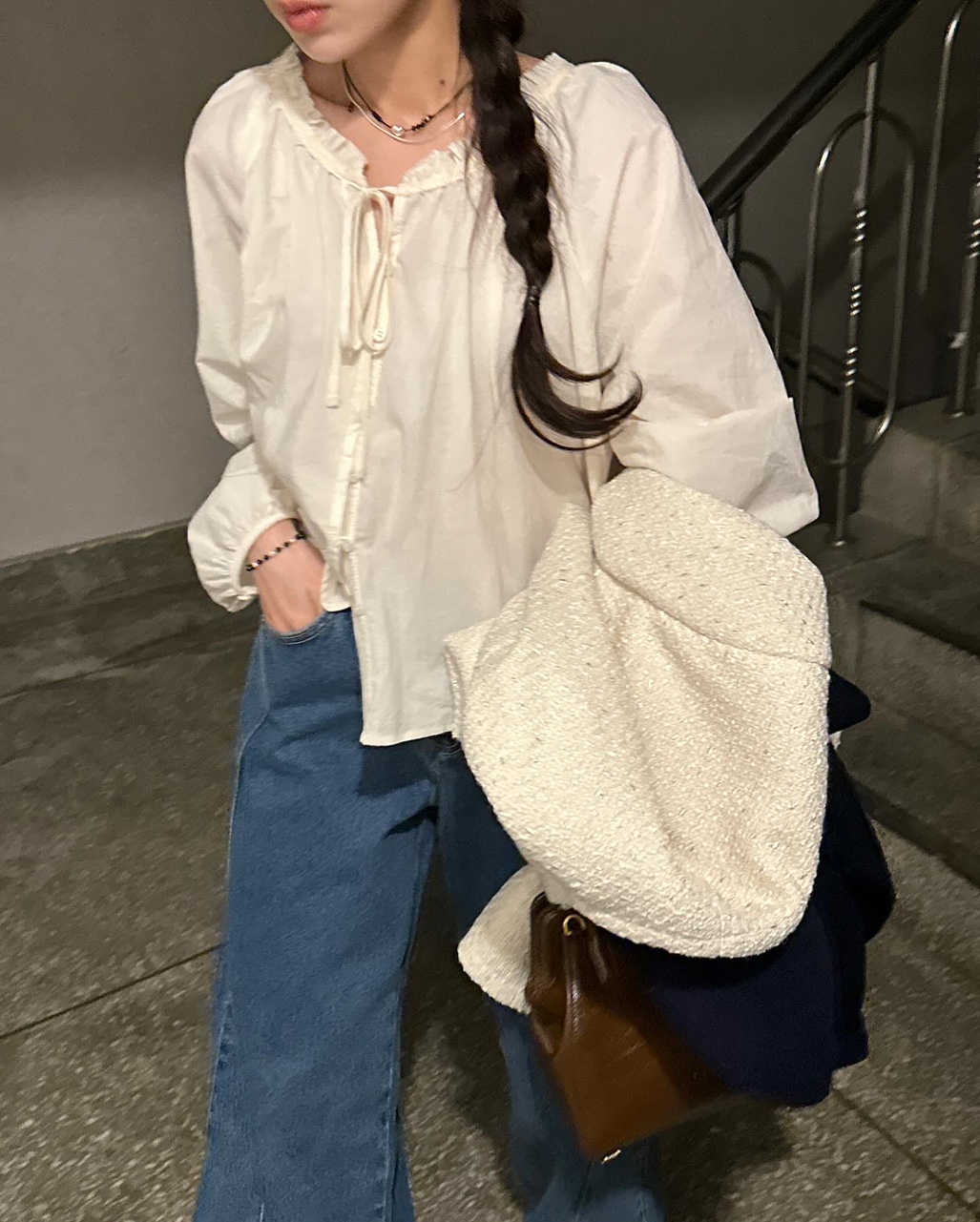 마이지 여성 노카라 라운드 크롭 트위드 오버핏 루즈핏 자켓 상세 이미지 29