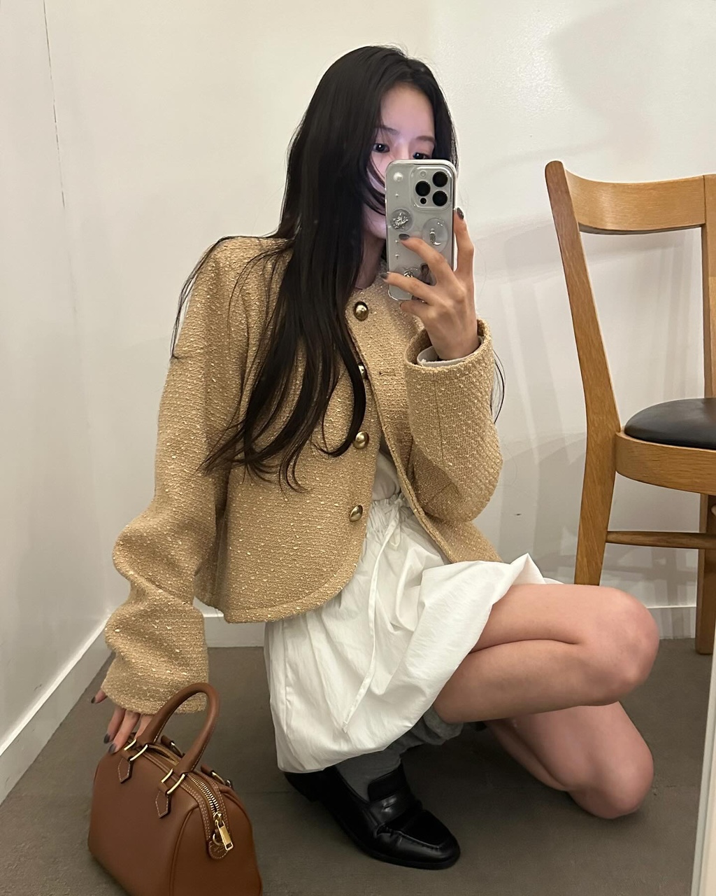 마이지 여성 노카라 라운드 크롭 트위드 오버핏 루즈핏 자켓 상세 이미지 2
