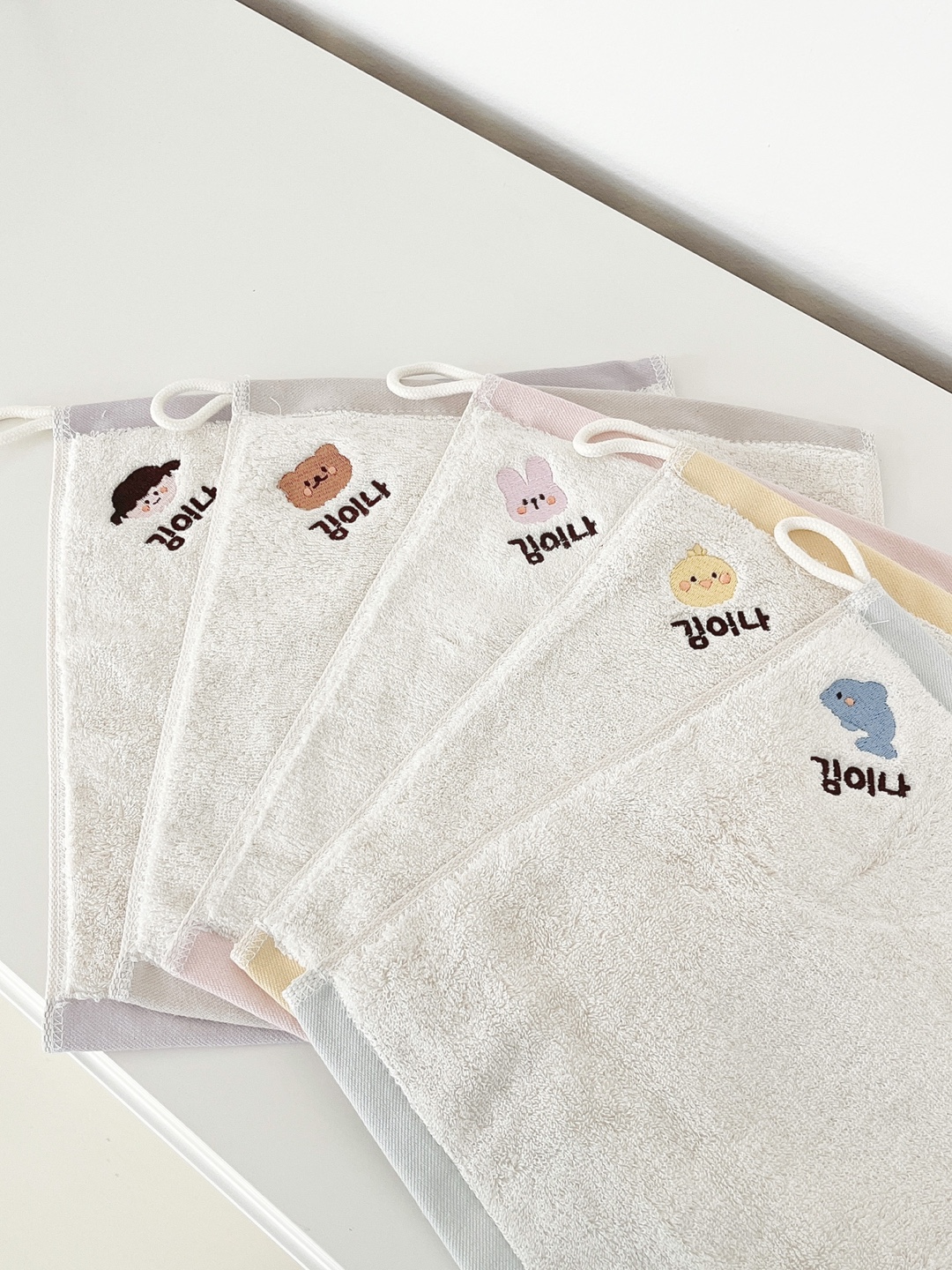 어린이집 고리 수건 5장+1장 세트 유치원 준비물 이름 자수 코마사 면40수 모달 수건