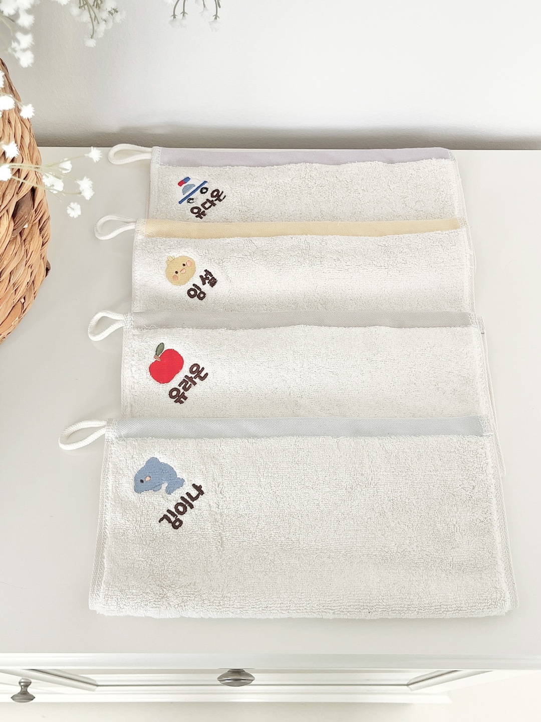 어린이집 고리 수건 5장+1장 세트 유치원 준비물 이름 자수 코마사 면40수 모달 수건