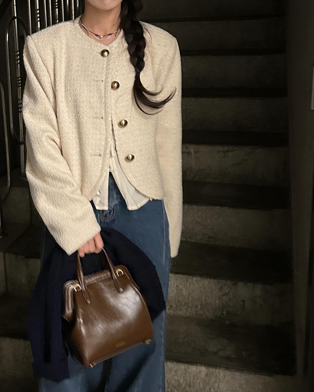 마이지 여성 노카라 라운드 크롭 트위드 오버핏 루즈핏 자켓 상세 이미지 27