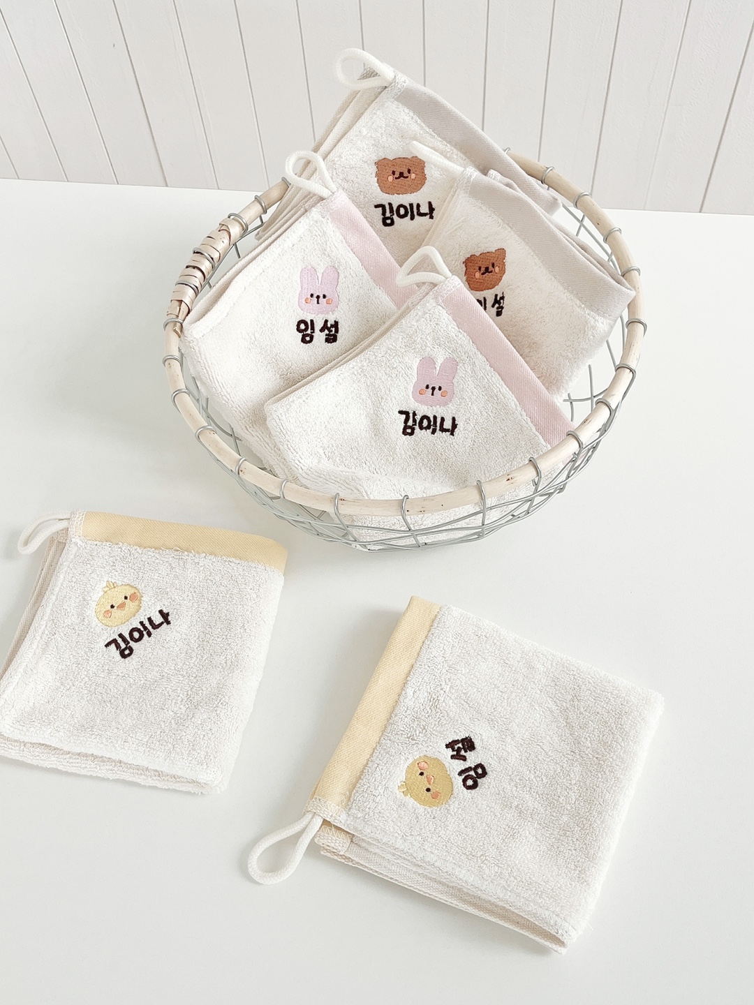 어린이집 고리 수건 5장+1장 세트 유치원 준비물 이름 자수 코마사 면40수 모달 수건
