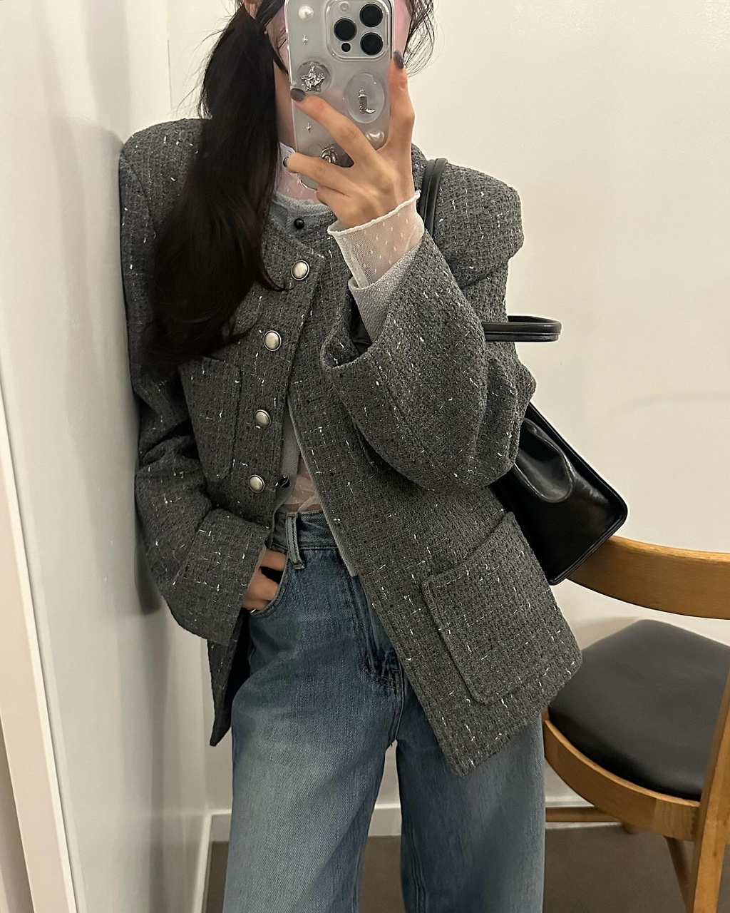아입 여성 봄 노카라 라운드 오버핏 루즈핏 트위드 자켓 - 상품 이미지