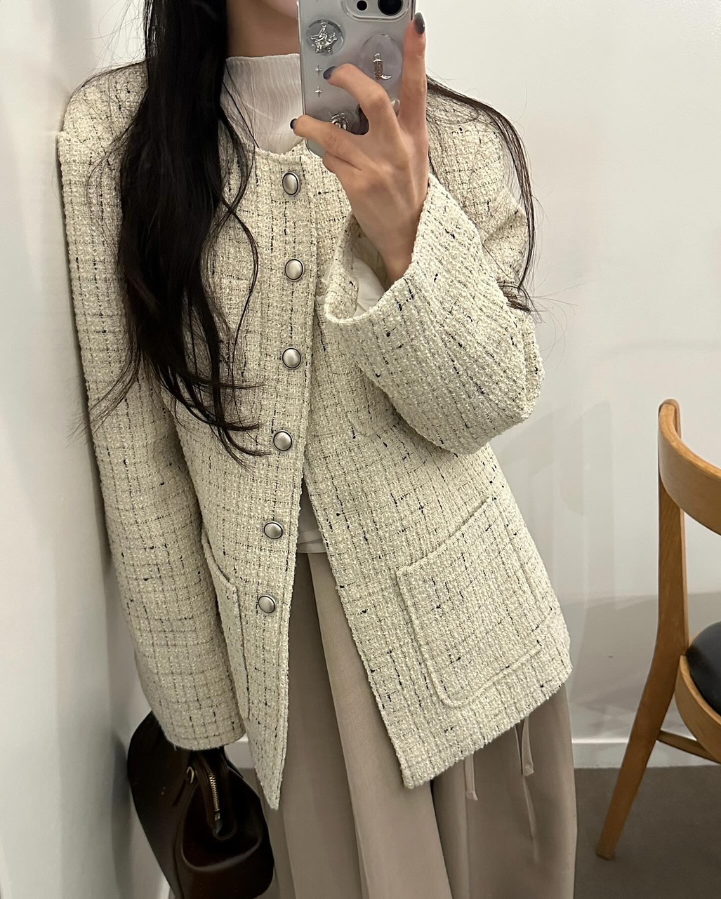 아입 여성 봄 노카라 라운드 오버핏 루즈핏 트위드 자켓 - 상세 이미지 2
