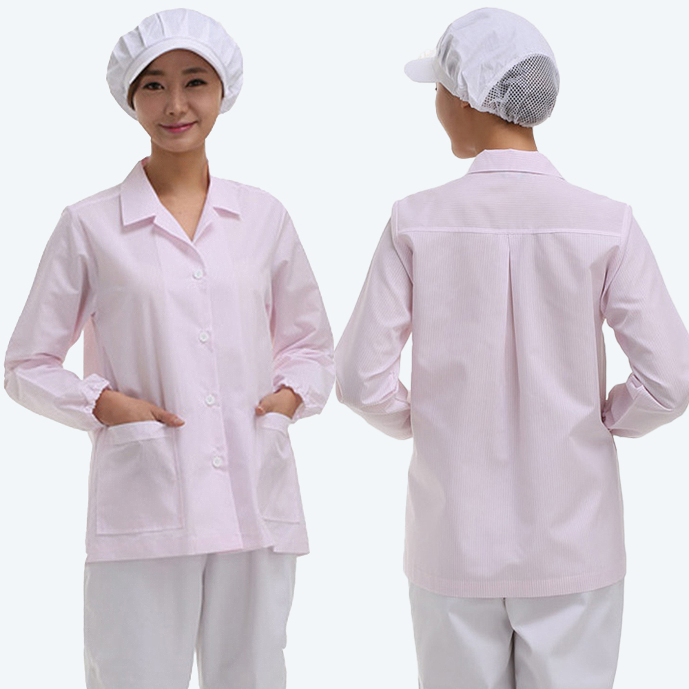 핑크줄무늬 고무줄 긴팔위생복 급식실위생복 주방 위생복 - 상품 이미지