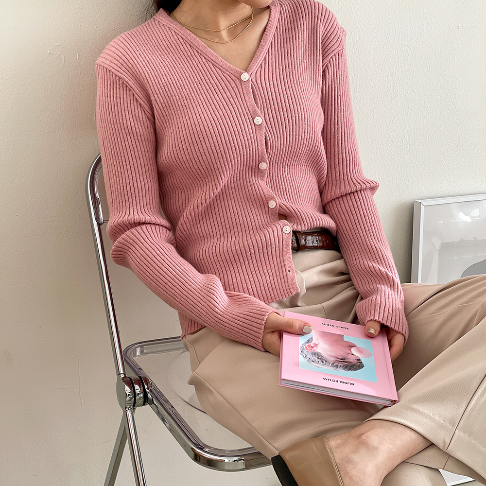 간절기 골지 여성니트가디건 단추 브이넥 가디건 핑크 - 메인 이미지
