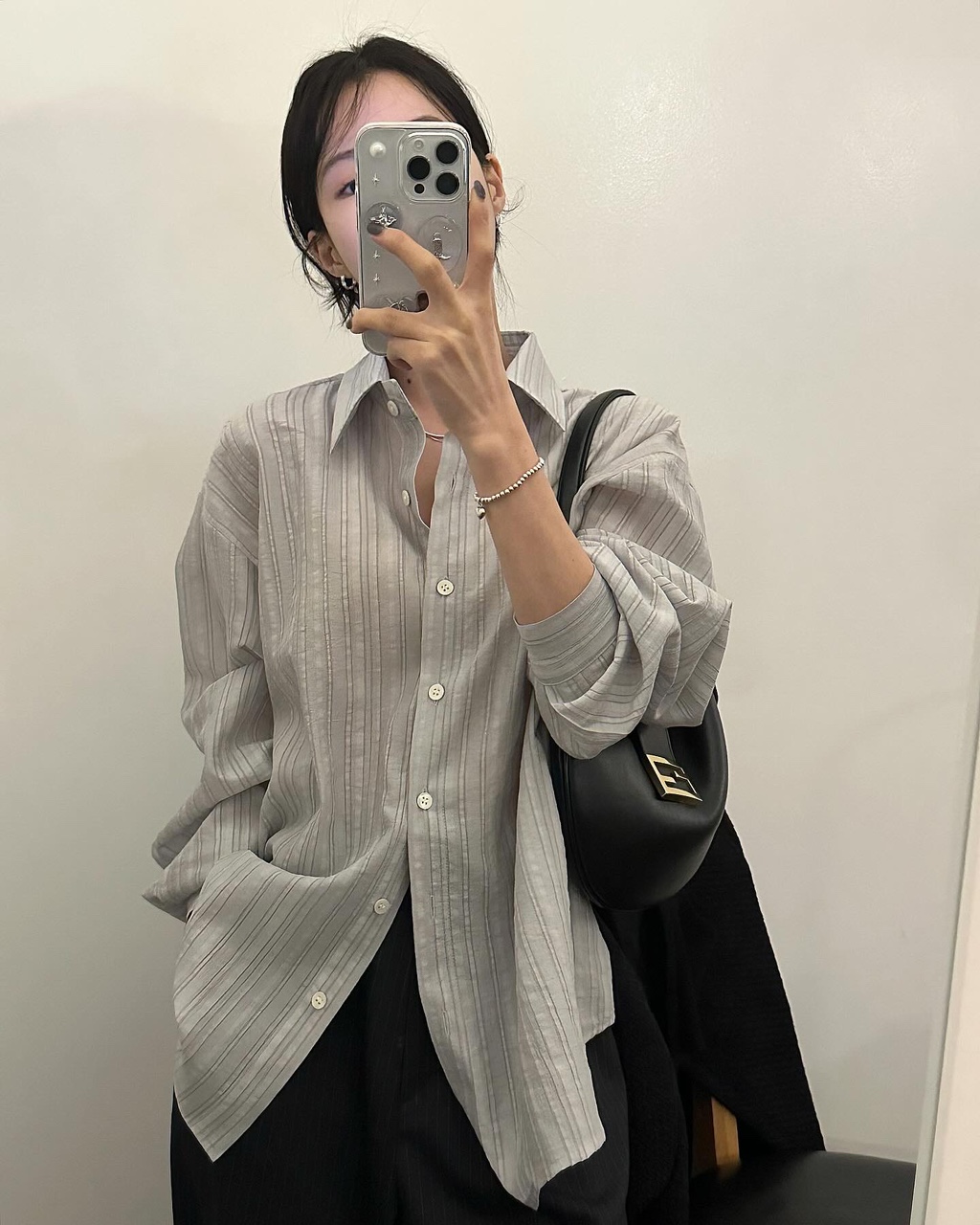 낫타 여성 레이어드 이너 봄 오버핏 루즈핏 스트라이프 랩 셔츠 - 상품 이미지