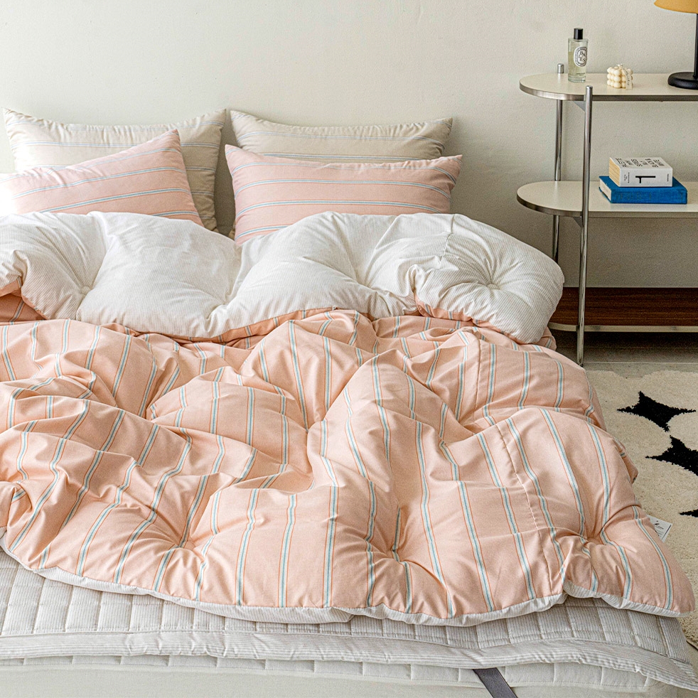 기숙사 신학기 스트라이프 차렵이불 베개 커버 세트 핑크, Q(퀸)