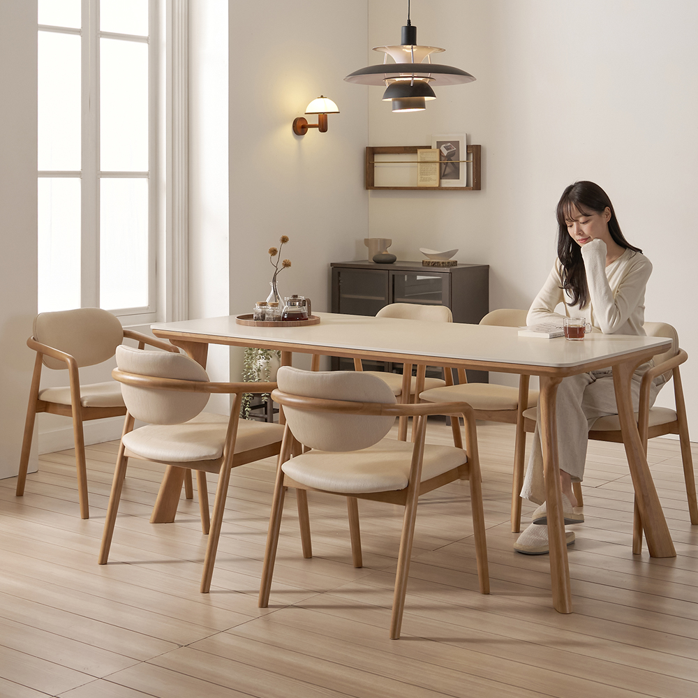 하모니 6인용 원목 포세린 세라믹 식탁 세트 식탁+의자6, 2000mm, 쿠키