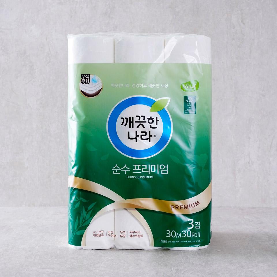 메가마트 깨끗한나라 3겹 데코 순수프리미엄 화장지 30mx30롤