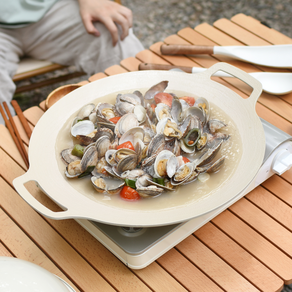 바겐슈타이거 인덕션 사용가능 세라믹 코팅 아이보리 그리들 36cm 캠핑 불판 그릴 바베큐