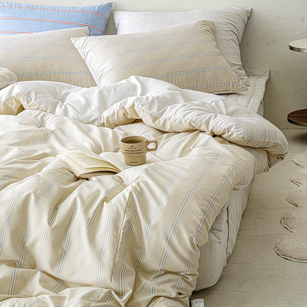 기숙사 신학기 스트라이프 차렵이불 베개 커버 세트 베이지, SS(슈퍼싱글)