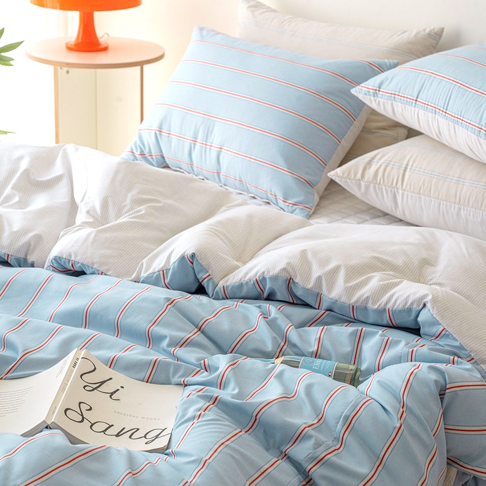 기숙사 이불 신학기 스트라이프 알러지방지 차렵이불 패드 베개 커버 세트 베이지, SS(슈퍼싱글)