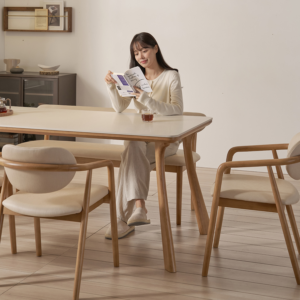 하모니 4인용 테이블 원목 포세린 세라믹 식탁세트 식탁+의자2+벤치1, 1400mm, 쿠키
