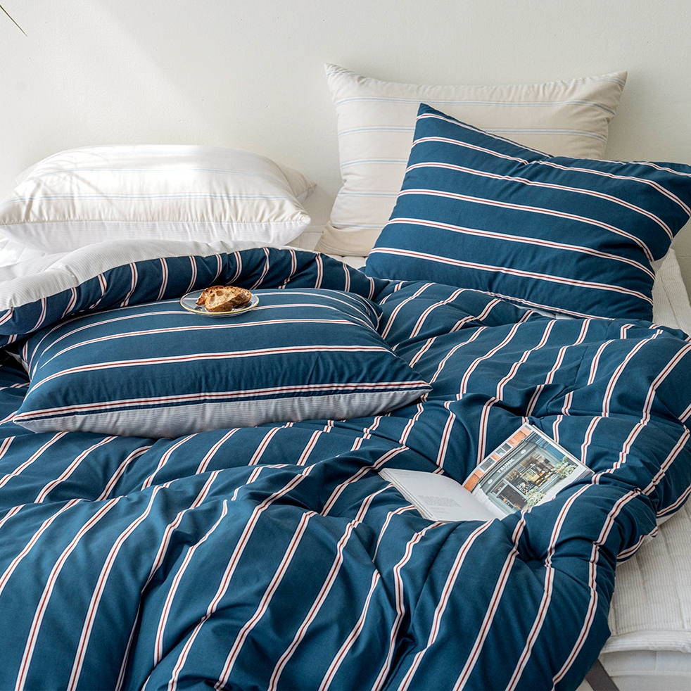 기숙사 신학기 스트라이프 차렵이불 베개 커버 세트 네이비, SS(슈퍼싱글)