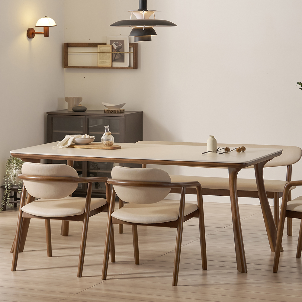 하모니 6인용 원목 포세린 세라믹 식탁 세트 식탁+의자2+벤치1, 1800mm, 월넛