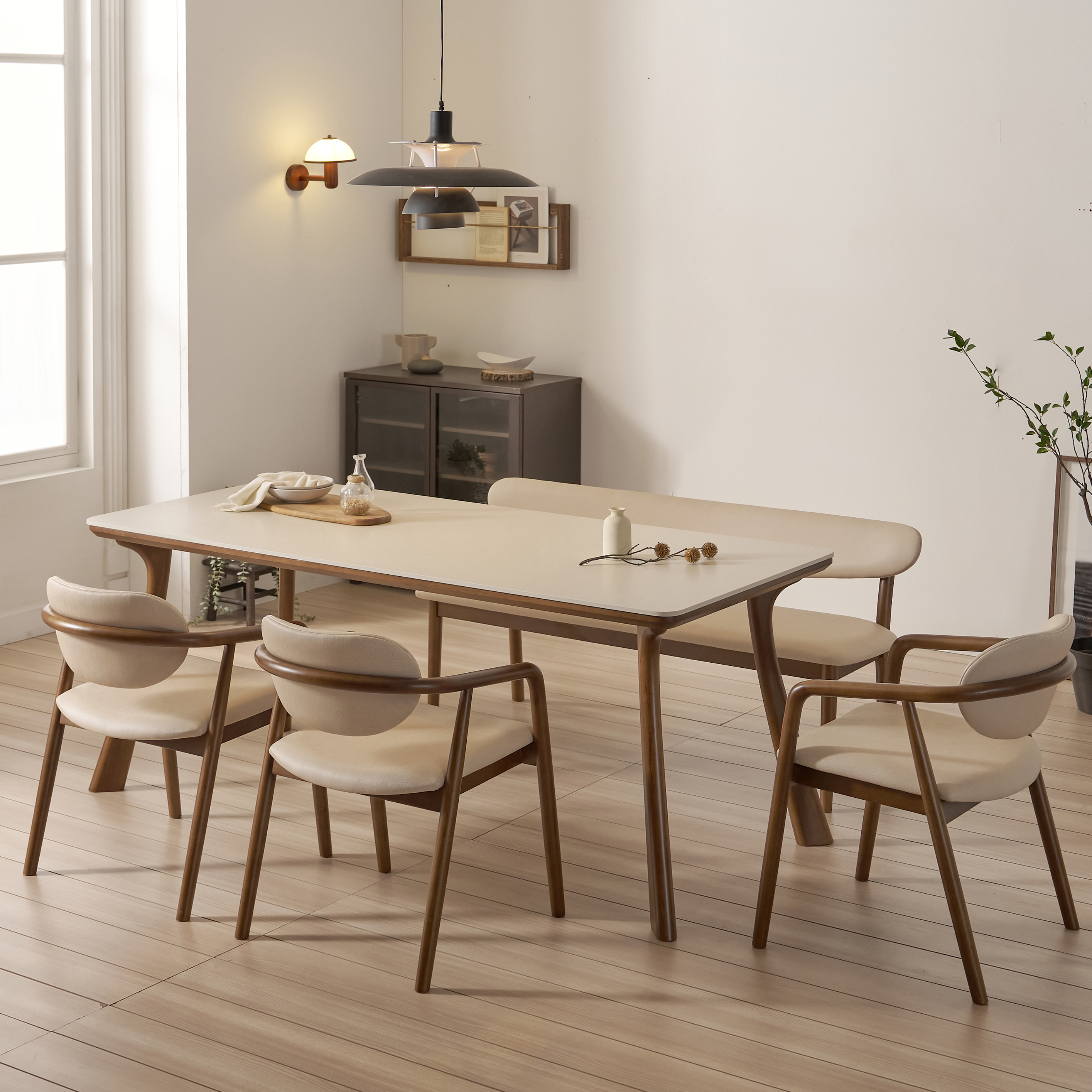 하모니 6인용 원목 포세린 세라믹 식탁 세트 식탁+의자3+벤치1, 2000mm, 월넛