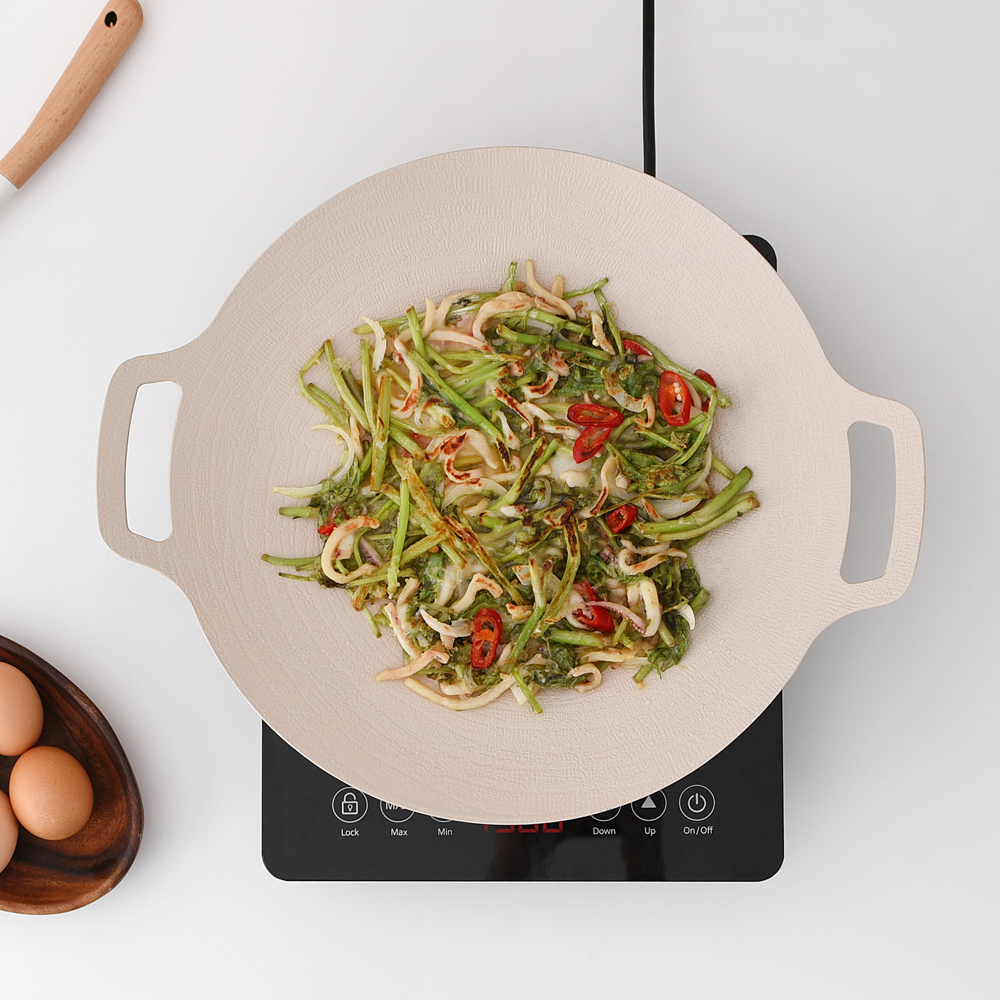 바겐슈타이거 인덕션 사용가능 세라믹 코팅 아이보리 그리들 36cm 캠핑 불판 그릴 바베큐