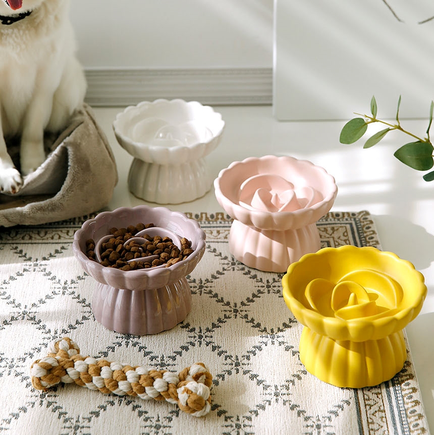 강아지밥그릇 고양이 물그릇 슬로우 급체방지 도자기 애견 식기 식탁 로즈