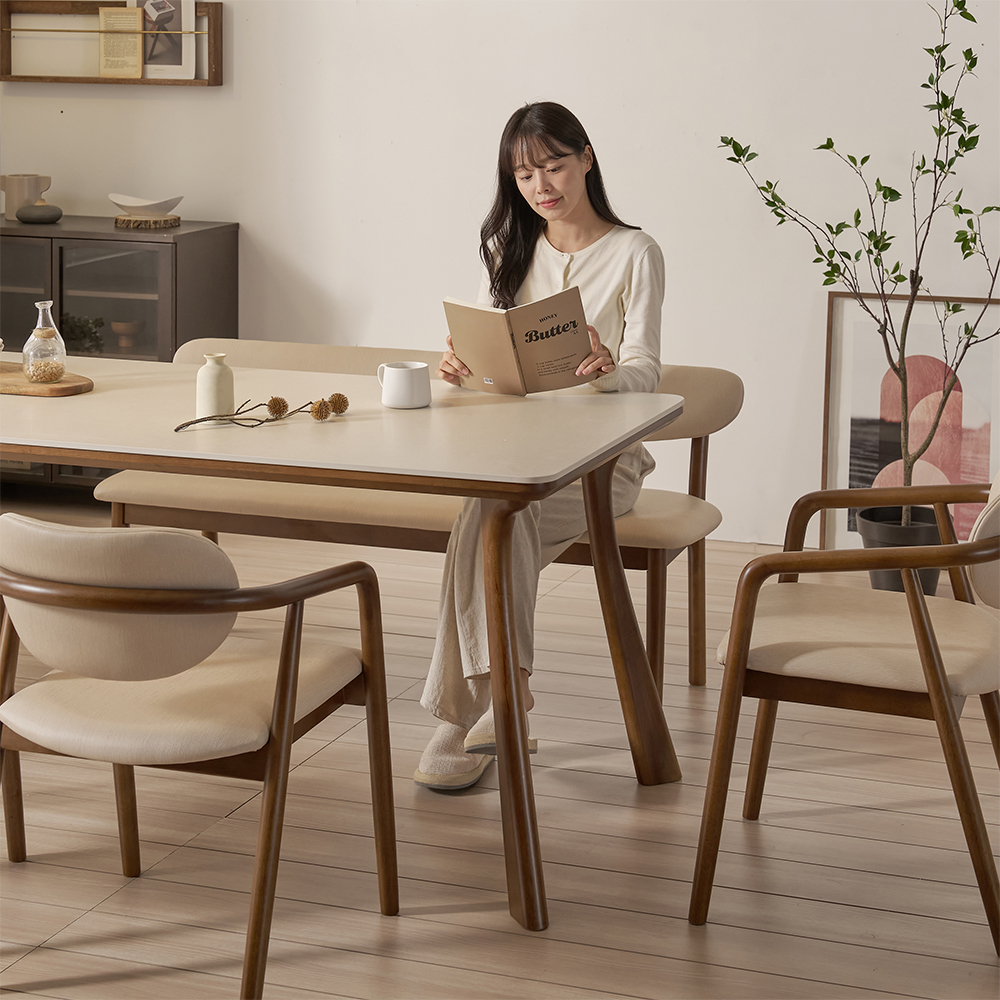 하모니 4인용 테이블 원목 포세린 세라믹 식탁세트 식탁+의자2+벤치1, 1400mm, 월넛