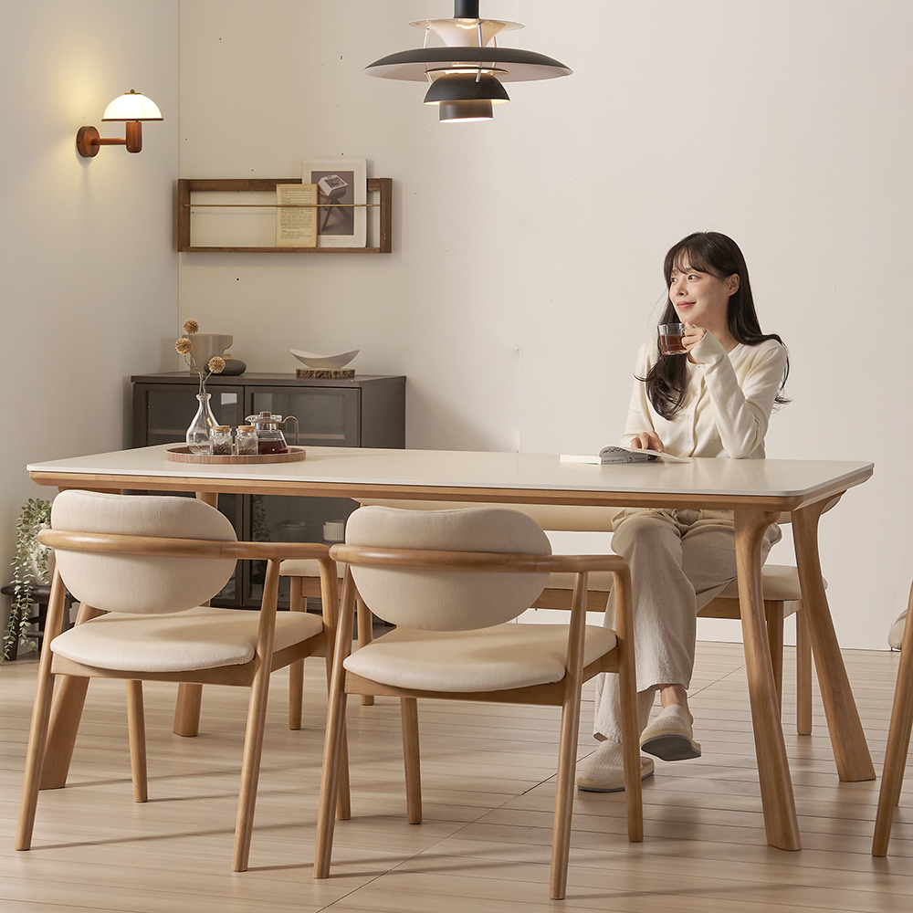 하모니 6인용 원목 포세린 세라믹 식탁 세트 식탁+의자2+벤치1, 1800mm, 쿠키