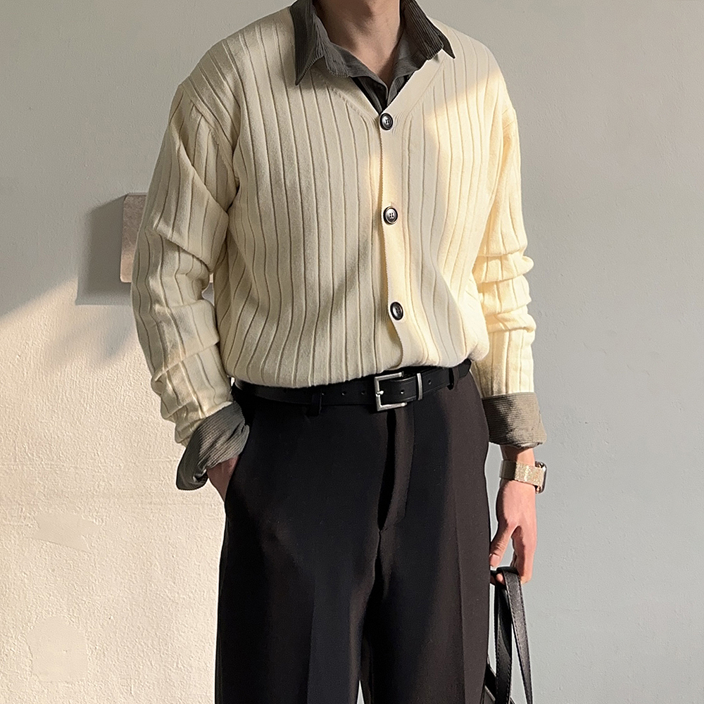 남자가디건 머슬핏 회색 브이넥 캐시미어 정장가디건 - 상세 이미지 3