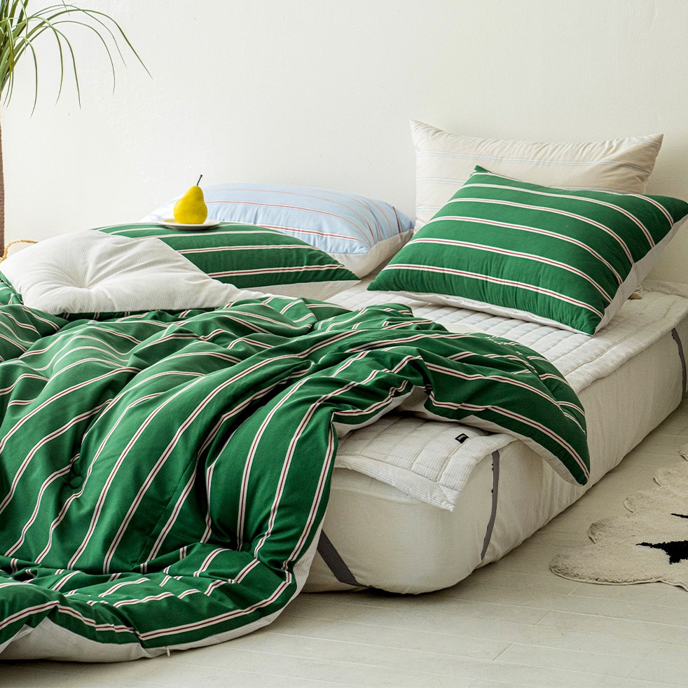 기숙사 신학기 스트라이프 차렵이불 베개 커버 세트 그린, Q(퀸)
