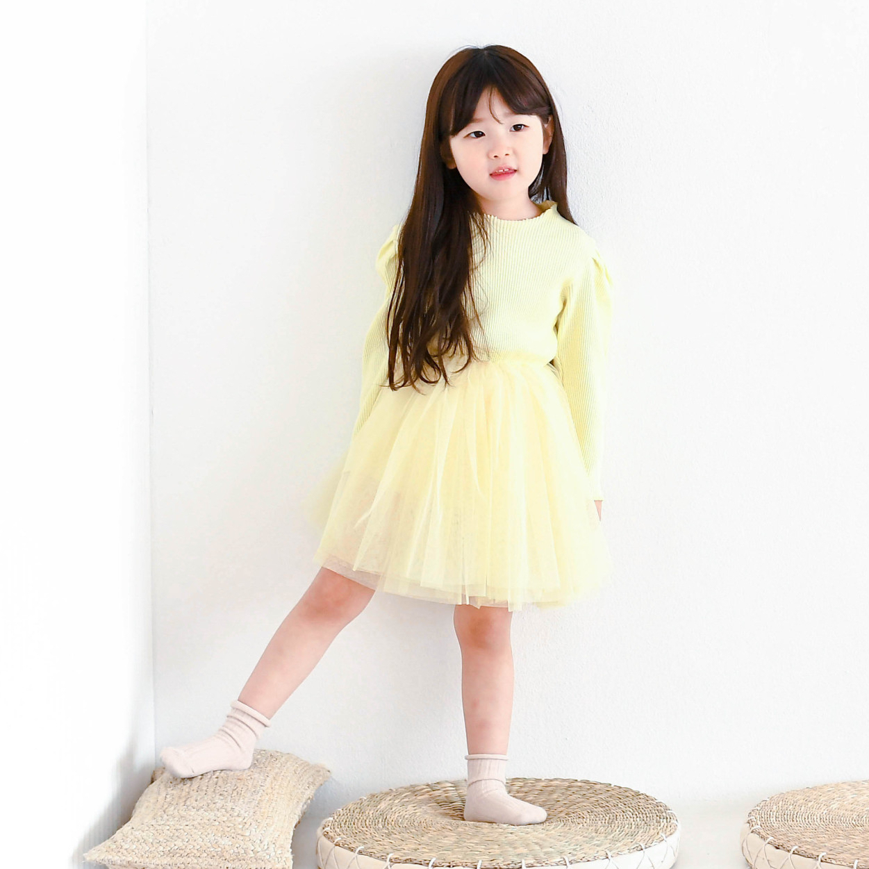 아라 골지튜튜 원피스 여아 아동 핑크 옐로우 보통핏 긴팔