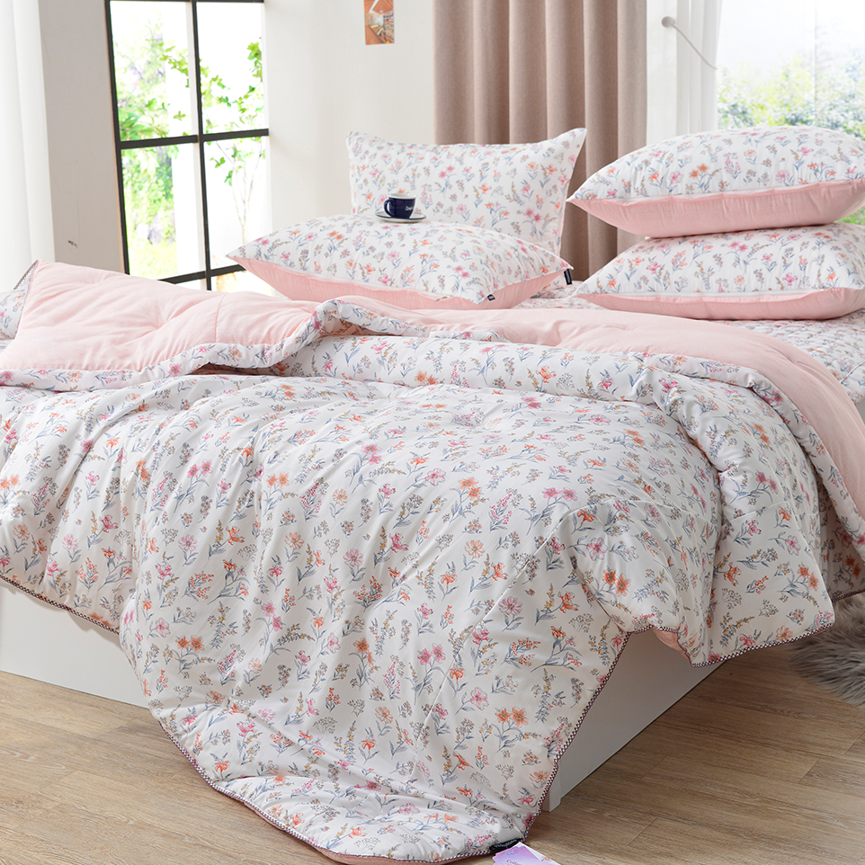 콜라겐모달 꽃무늬 차렵이불 간절기 사계절 먼지없는  항균 옥수수솜 침구 핑크, KK(킹오브킹)