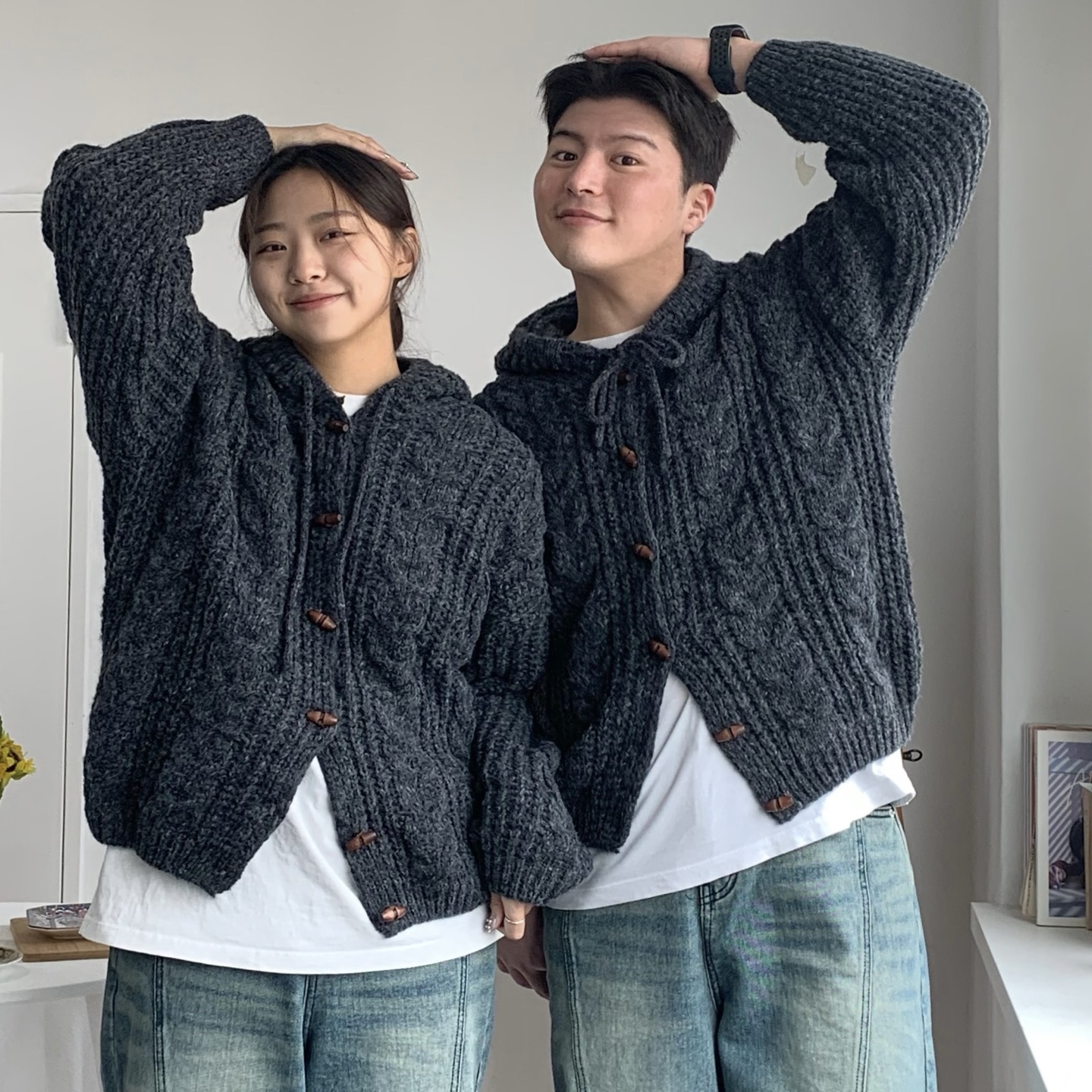 케이블가디건 떡볶이가디건 니트후드집업 - 메인 이미지