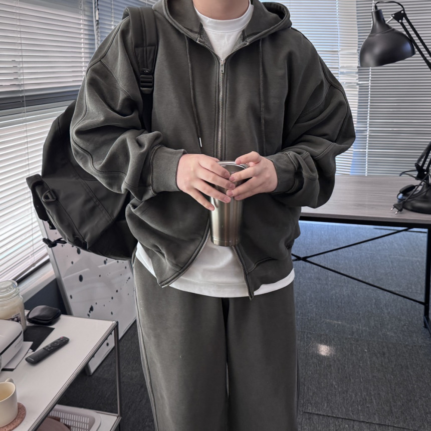[SET] 남자 커플 오버핏 피그먼트 후드집업 스트링팬츠 트레이닝 셋업 세트 3color 상세 이미지 71