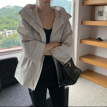 (자체제작)막스 후드 자켓 허리스트링 소매 하프 여성 간절기 하이넥 재킷 점퍼 - 상품 이미지