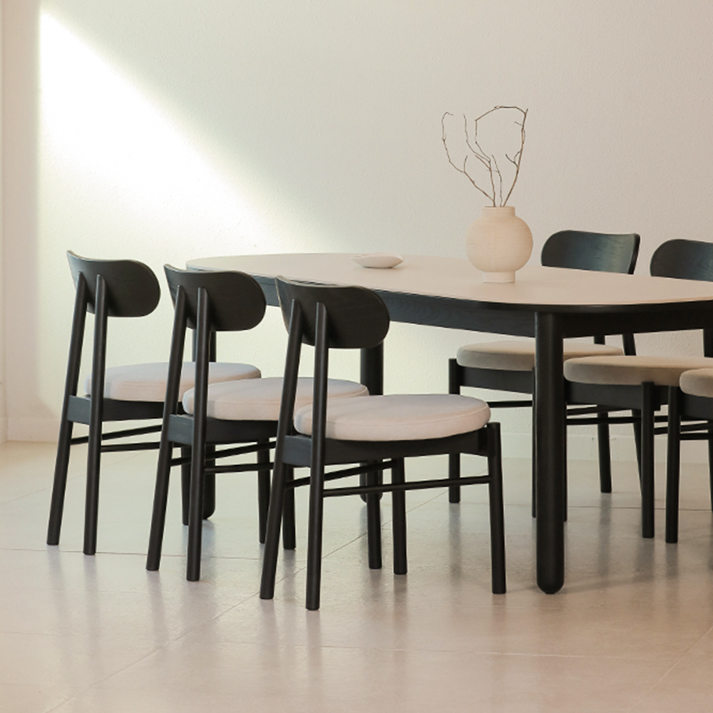 라미에스 유니 블랙 애쉬 원목 포세린 세라믹 라운드 식탁세트 6인용 1800 의자3 벤치