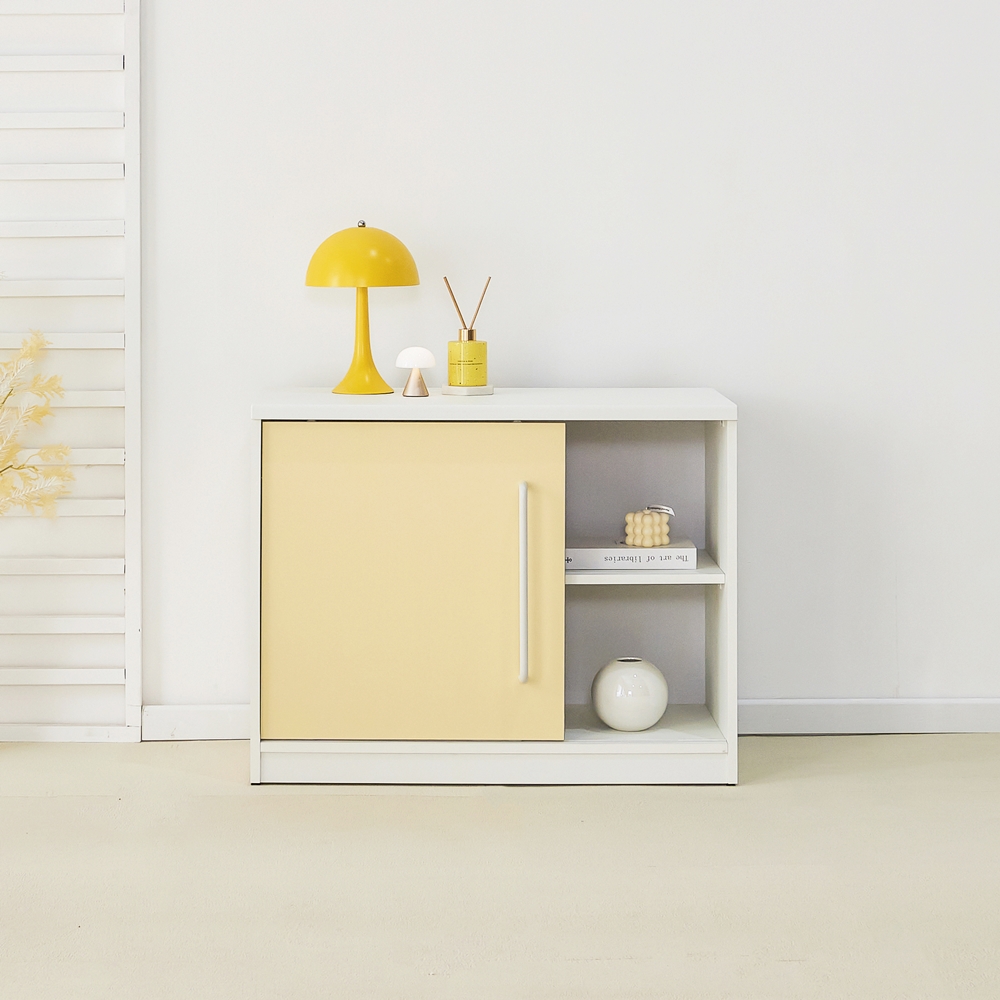 메이문 슬라이딩도어 슬라이드 미닫이 미니 낮은 수납장 800x400x600mm, 2단, 버터옐로우