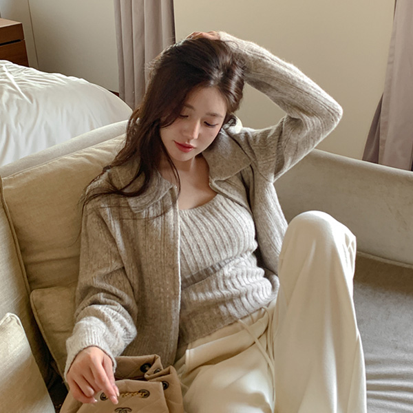 소브닝 골지 슬리브리스 투웨이 카라 집업 세트 st2752 - 메인 이미지