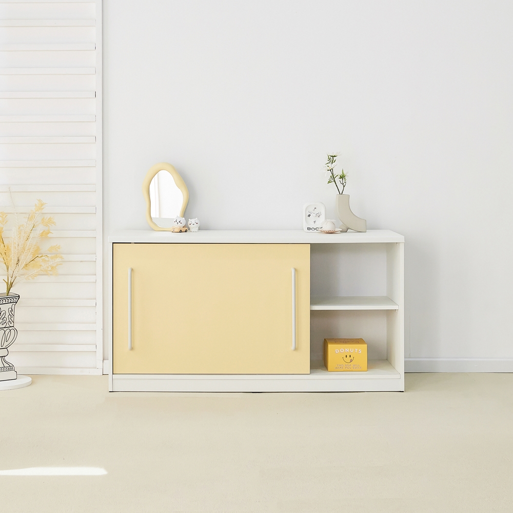 메이문 슬라이딩도어 슬라이드 미닫이 미니 낮은 수납장 1200x400x600mm, 2단, 버터옐로우