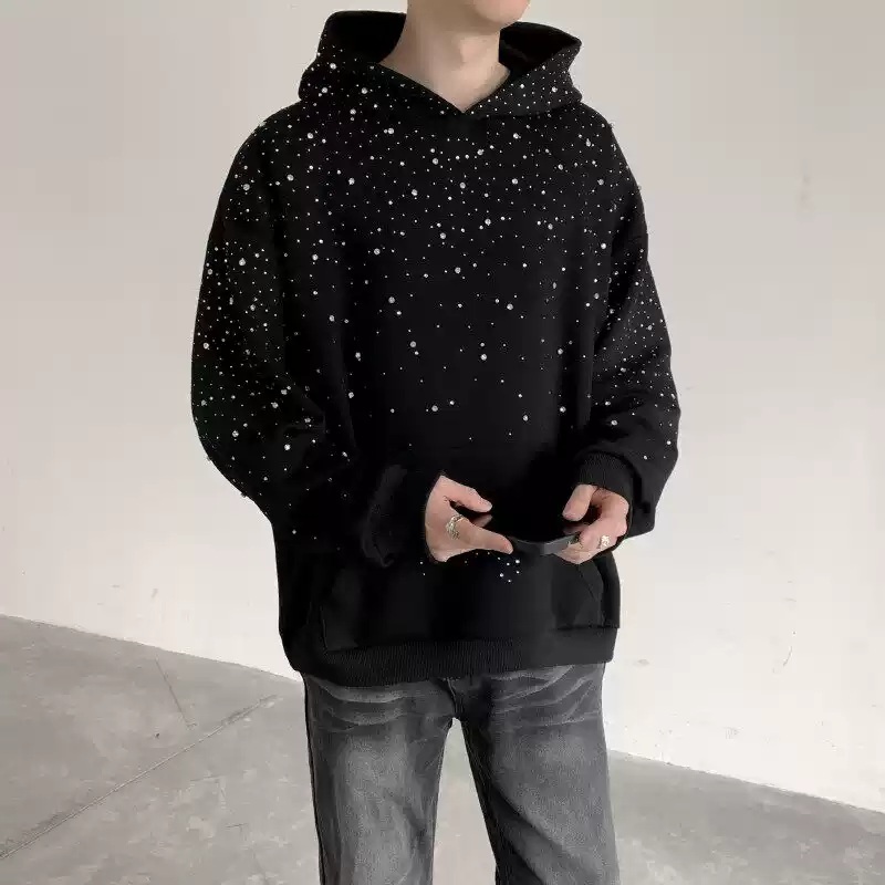 큐빅박힌 반짝이 후드티 루즈핏 커플 유니크 디자인 빈티지 스트릿 명품느낌 블랙 그레이 - 상세 이미지 3