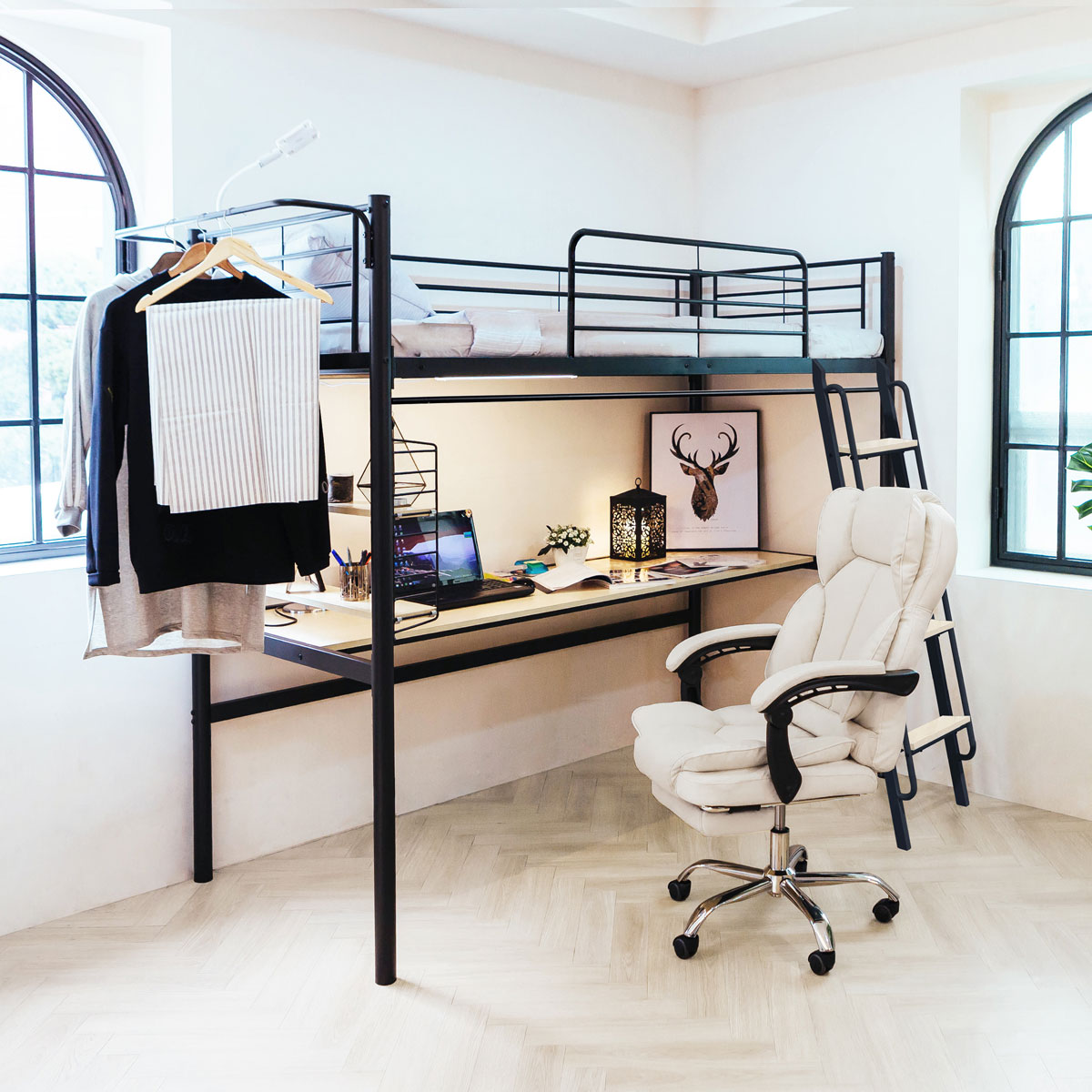 [선물이벤트] 일루일루 코모드i 올인원 책상형 벙커침대 프레임 철제 선반 성인 학생 2층