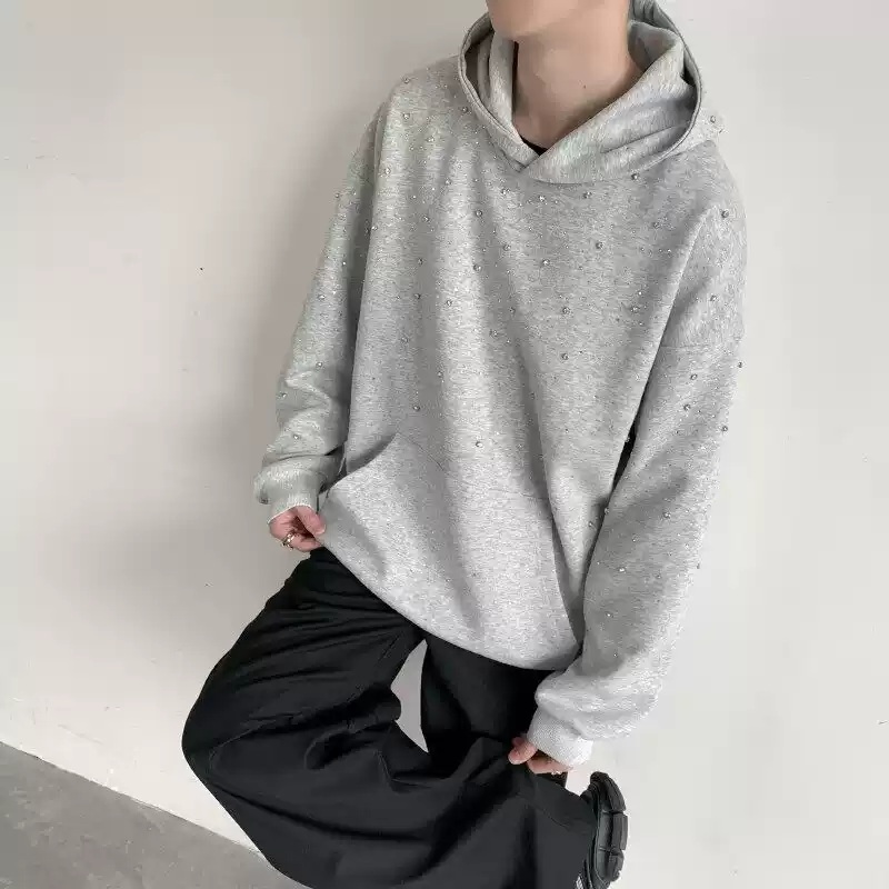 큐빅박힌 반짝이 후드티 루즈핏 커플 유니크 디자인 빈티지 스트릿 명품느낌 블랙 그레이 - 상세 이미지 5