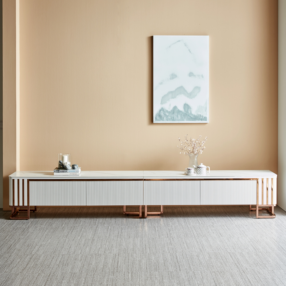 [방문설치] 레지아 세라믹 템바보드 스테인레스 거실장 TV다이 2800x400x440mm, 화이트