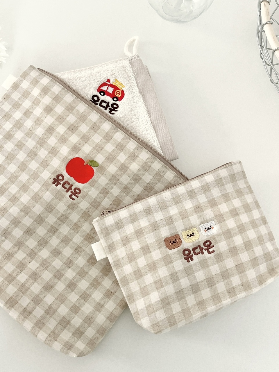 어린이집 준비물 파우치 방수 린넨 이름 자수 유치원 여벌옷 기저귀