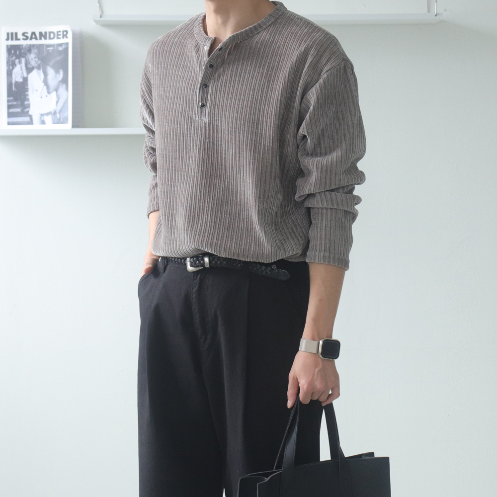 남자 긴팔티 구김없는 오버핏 헨리넥 피케 티셔츠 - 상품 이미지