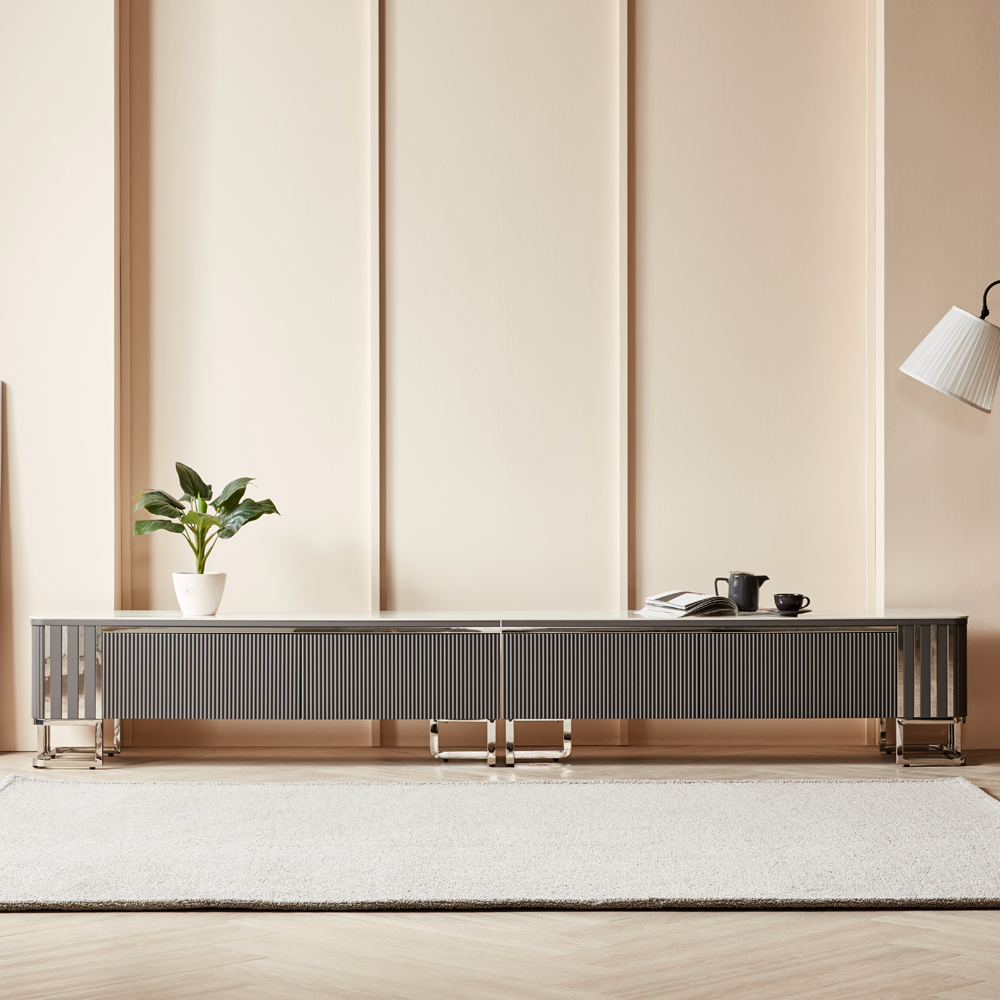 [방문설치] 레지아 세라믹 템바보드 스테인레스 거실장 TV다이 2800x400x440mm, 그레이