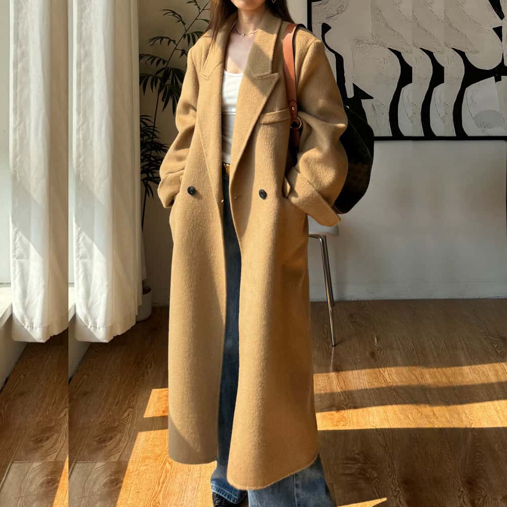 루즈핏 고급 100%울 리버시블 무스탕 모직 롱코트 - 상세 이미지 2