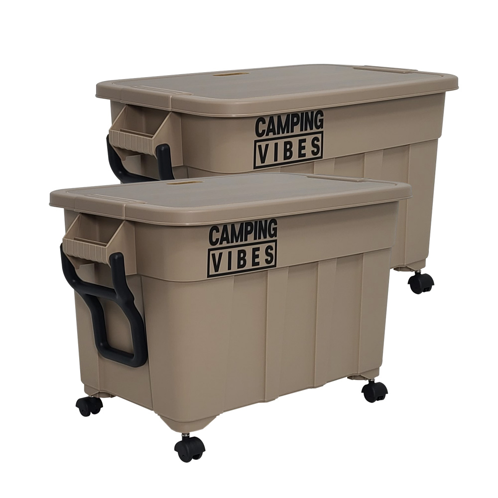 캠핑바이브스 멀티카고박스 2세트 구성, 75L + 우드상판  + 이동바퀴 풀세트 x 2세트