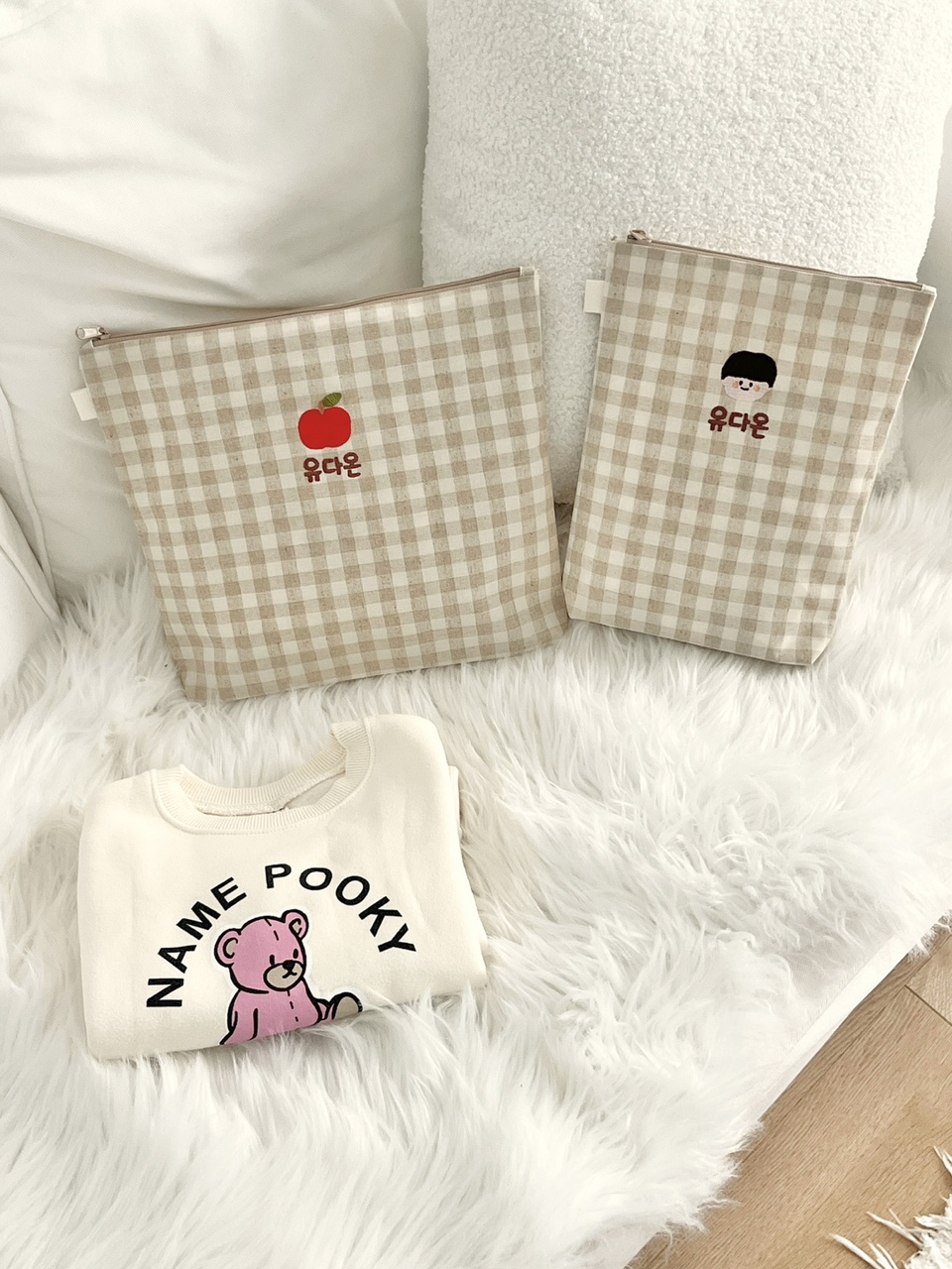 어린이집 준비물 파우치 방수 린넨 이름 자수 유치원 여벌옷 기저귀