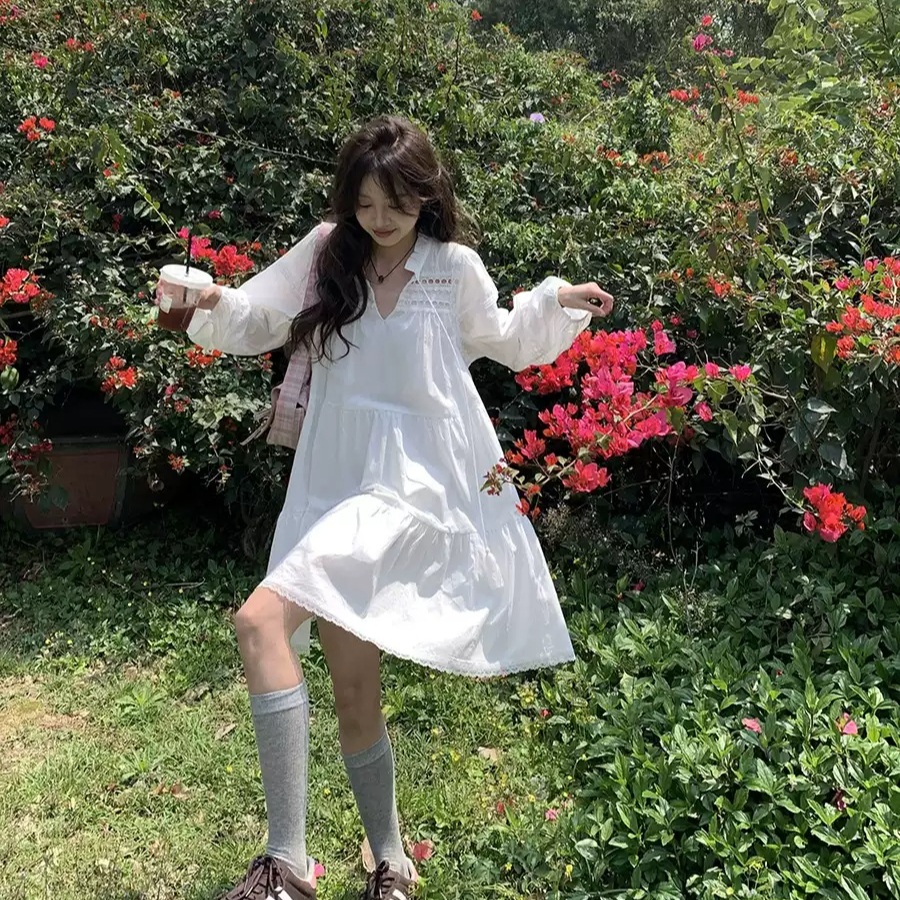 봄여름 루즈핏 프렌치 화이트 긴팔 원피스 - 상품 이미지