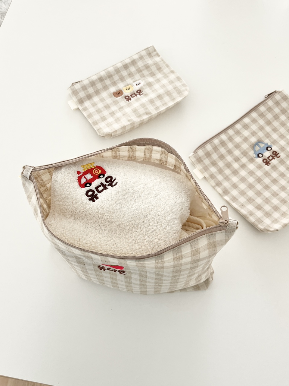 어린이집 준비물 파우치 방수 린넨 이름 자수 유치원 여벌옷 기저귀