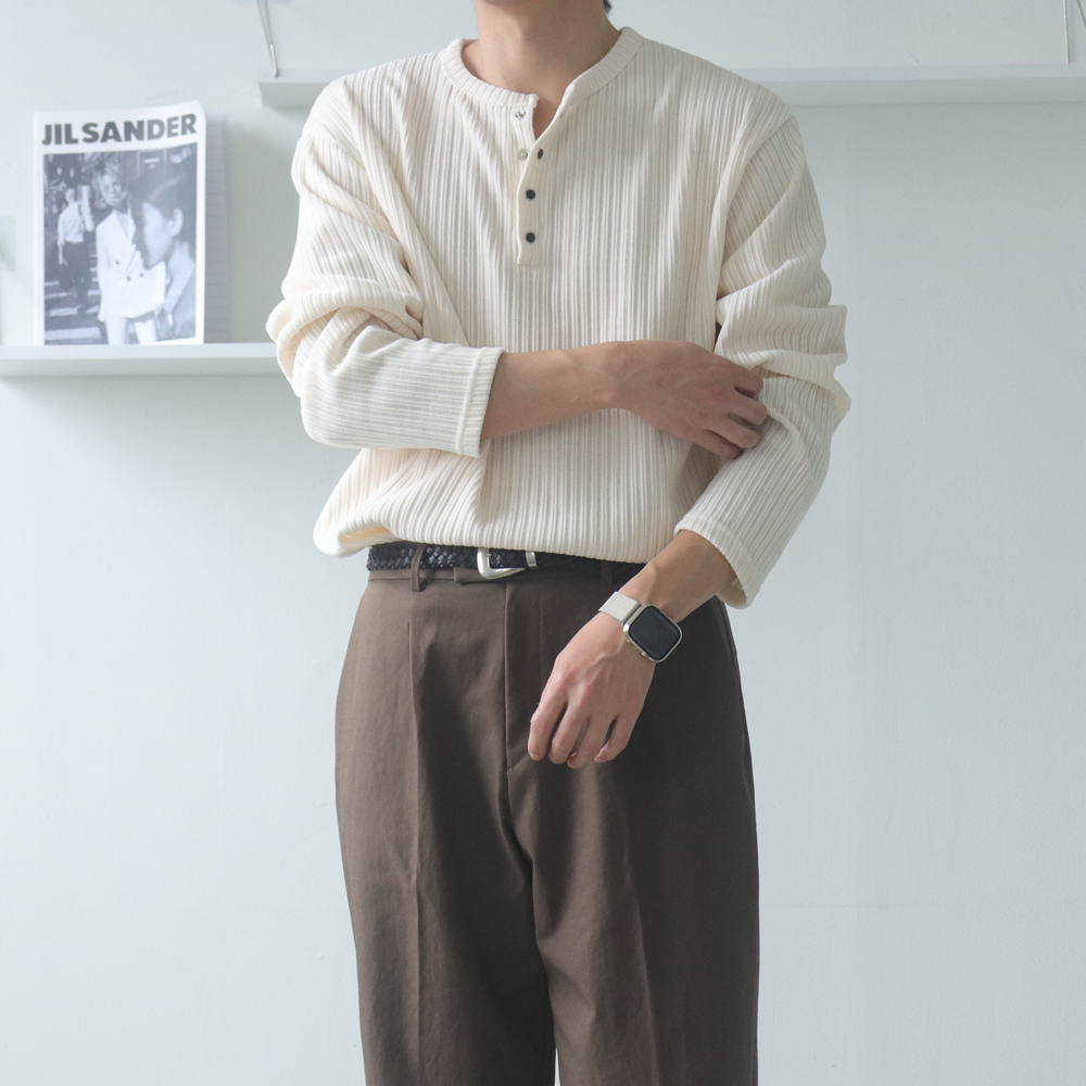 남자 긴팔티 구김없는 오버핏 헨리넥 피케 티셔츠 - 상세 이미지 2