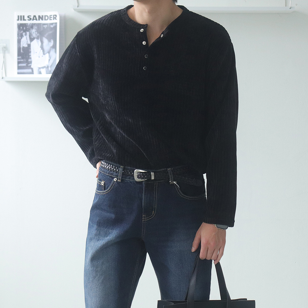 남자 긴팔티 구김없는 오버핏 헨리넥 피케 티셔츠 - 상세 이미지 3
